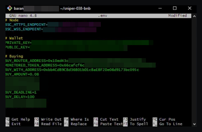 Sniping bot's environment file